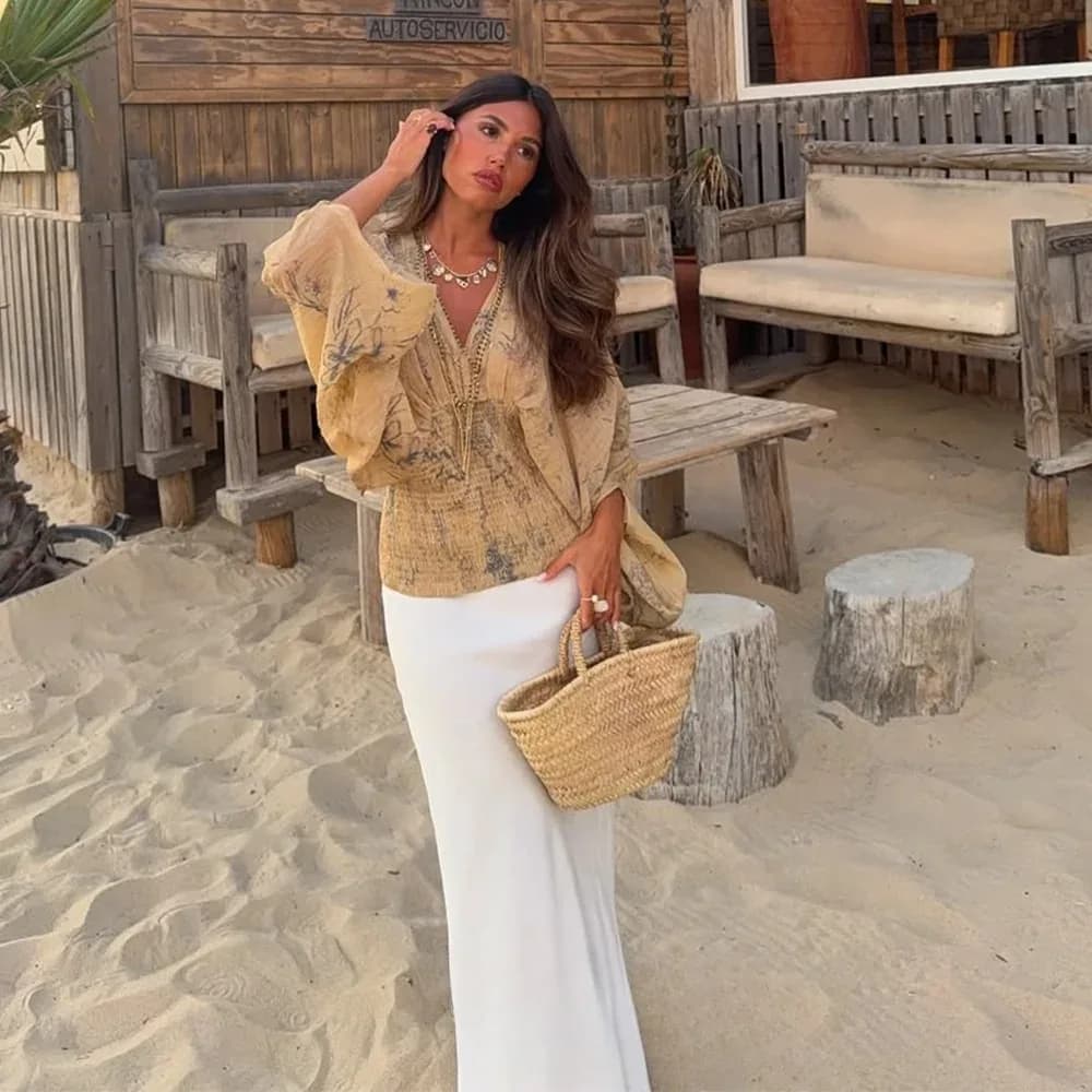 KONDALA Boho Holiday Tie Dye Stampa Camicie da donna Scollo a V Manica lunga Camicette sottili elastiche Moda 2025 Autunno Autunno Party Donna Top