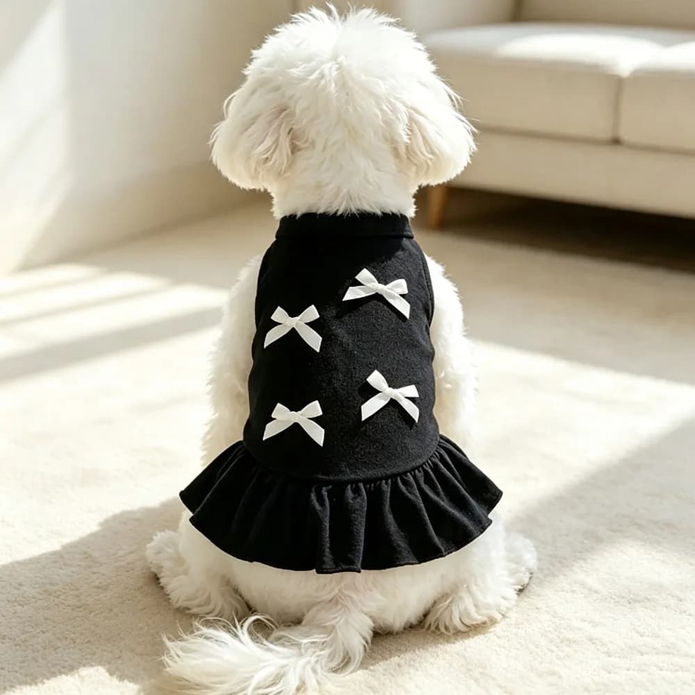1pc Cute Black Sleeveless Pet Dress with White Bows, Ruffle Hem Puppy Princess Skirt, Summer Dog Clothes for Dogs & Cats