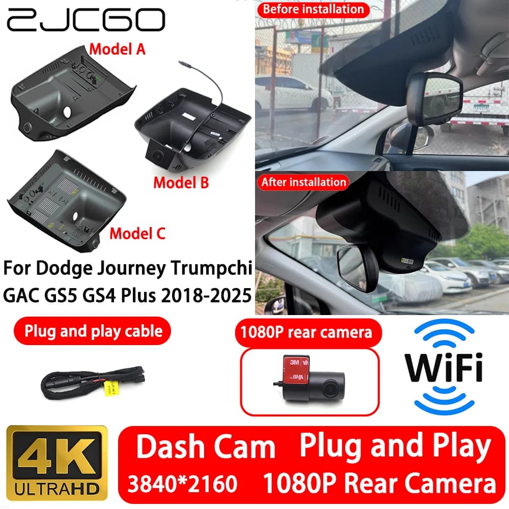 for Dodge Journey Trumpchi GAC GS5 GS4 Plus 2018-2025 4K 2160P Front Rear Camera Dash Cam Wifi Plug and Play Video Recorde
