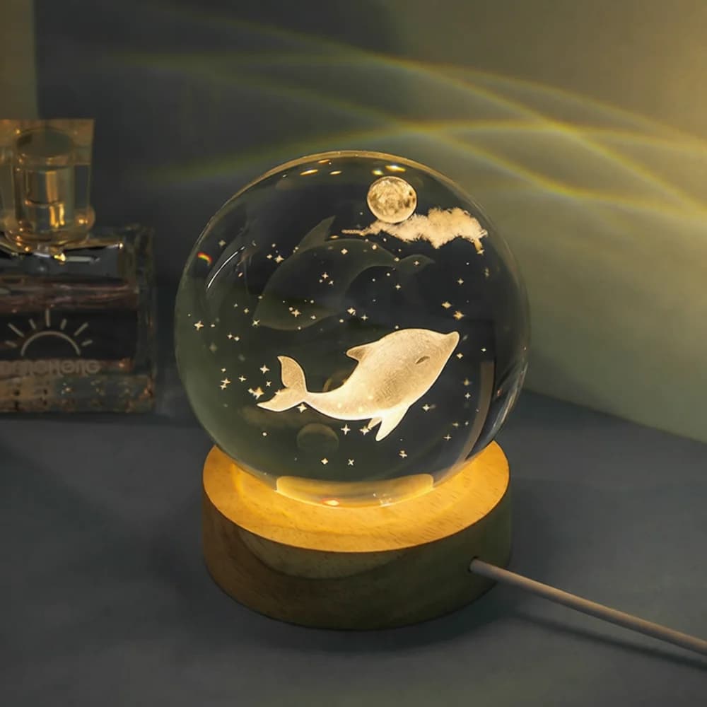 3D Engraved Crystal Ball Lamp Aesthetic Ocean Jellyfish Nocturnal Night Light Artistic Glass Table Ornament Birthday Gift