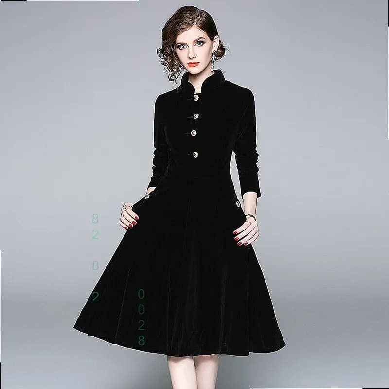Abito in Velluto Nero con Colletto Alto, Vestiti Eleganti per Donna, Cappotto Lungo Primaverile ed Estivo