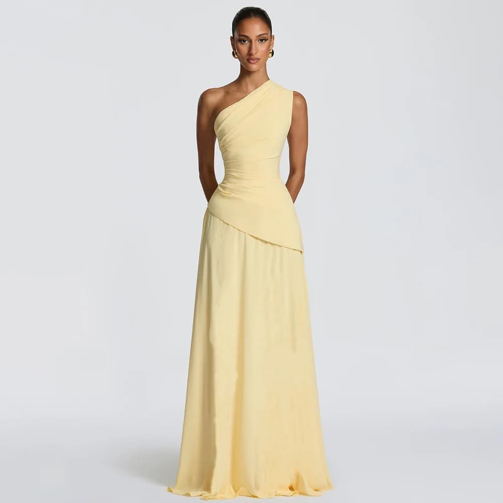 MsChuh Women One Shoulder Sexy Maxi Dress Elegant Diagonal Collar Sleeveless Backless Ruched Waist Bodycon Club Party Dresses