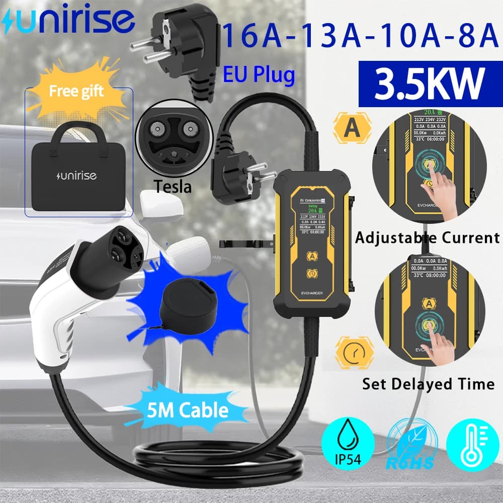 Unirise 32A NACS EV Portable Charger for 3.5kw/7kw Tesla Car Charging Box EU Plug Electric Car Charger for Tesla Model Y/3/X/ S