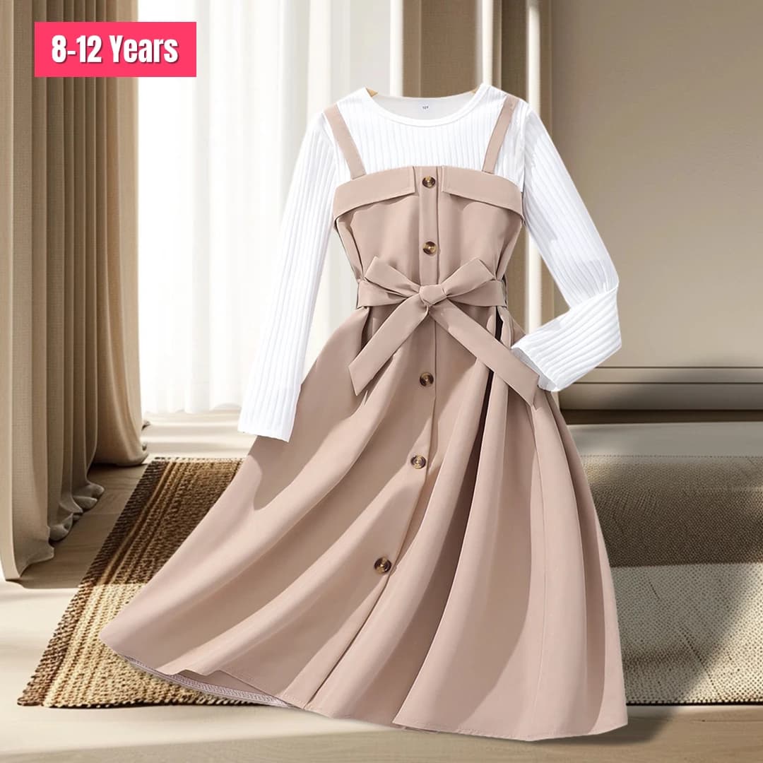Nuovo vestito per adolescenti ragazze 8-12Yrs autunno inverno cintura bottone kaki bambini vestono morbido dolce caldo Vintage adolescenti ragazze abbigliamento