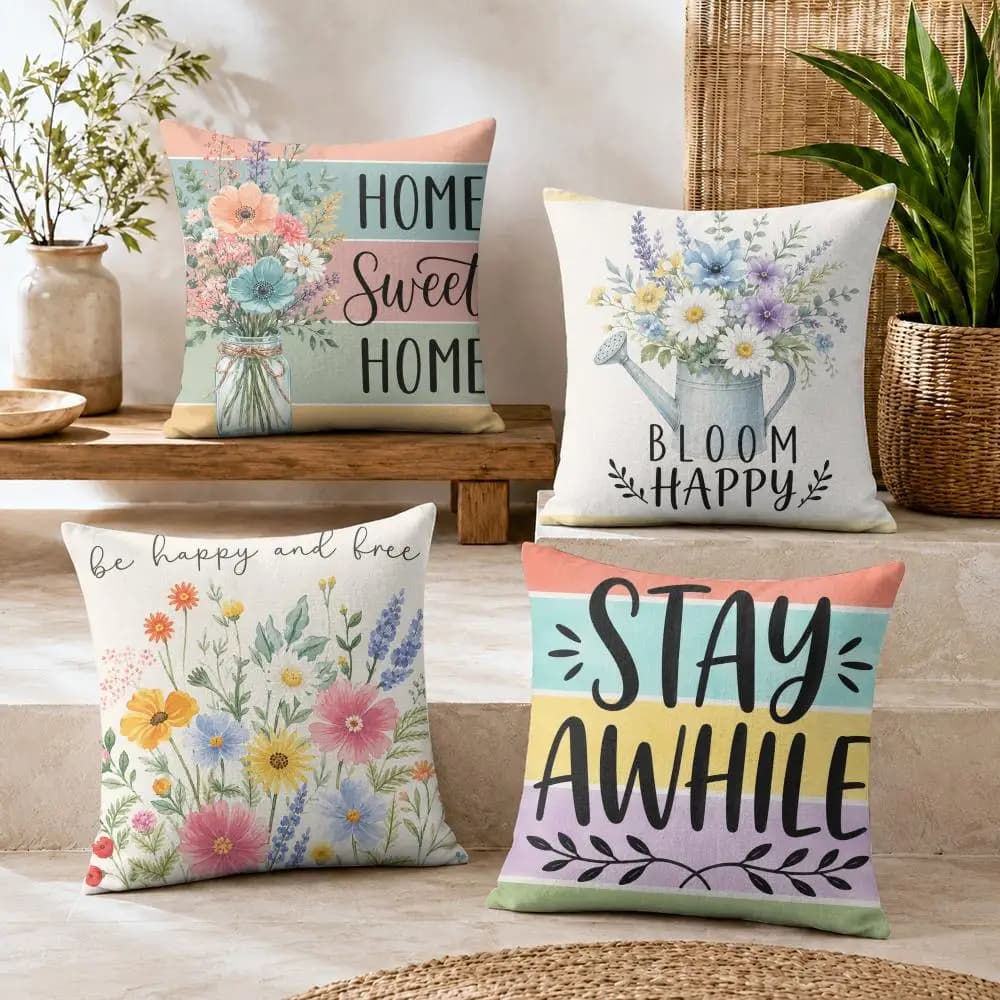 Bouquet of Flowers Cushion Cover Short Plush Soft Double-Sided Printing Pillow Case Cozy Sofa Bedroom Home Decor Gift