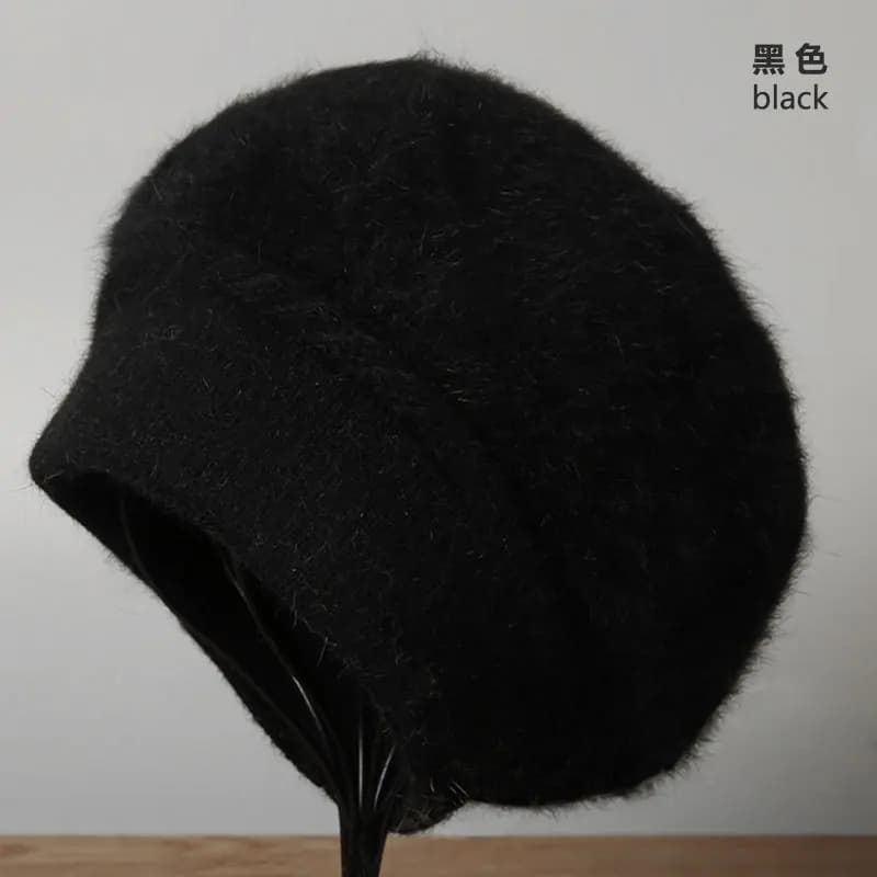 Cappello invernale con patta per orecchie in misto capelli di coniglio caldo per donna, berretto lavorato a maglia tinta unita, moda vintage