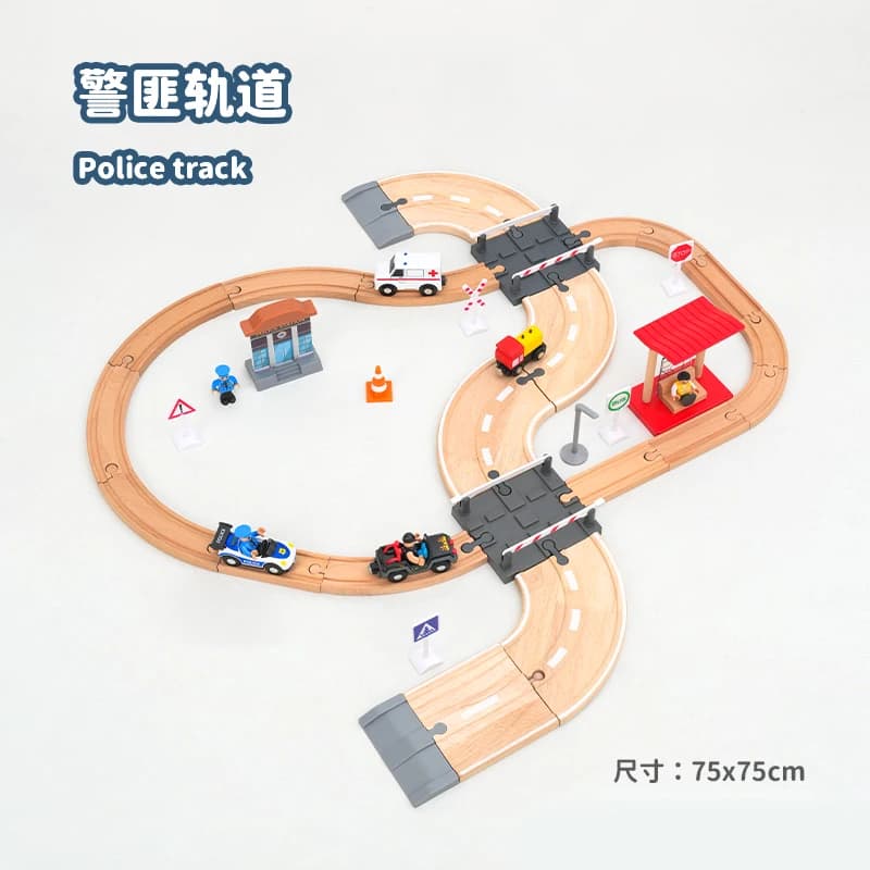 Set di binari in legno con scena di soccorso tra poliziotti e banditi, set di giocattoli con puzzle combinabili per bambini, giocattolo magnetico con vagoncini, XT145