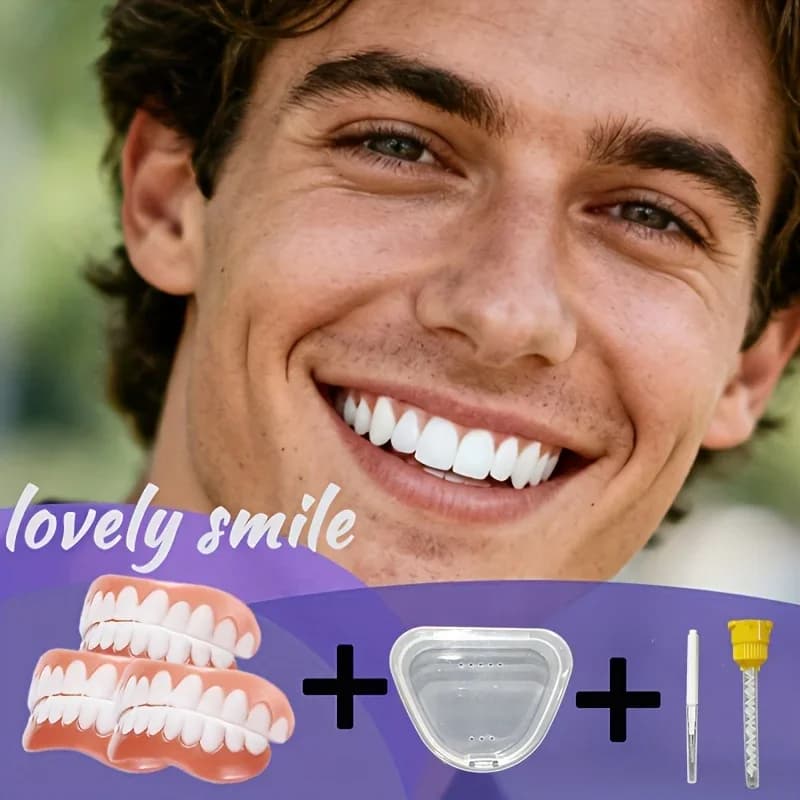 E-temporary Cosmetic Teeth Cover Set (3upper+3lower+box+brush+stirrer), Natural Fit Unisex Smile Teeth Gaps Cover Holiday Gift