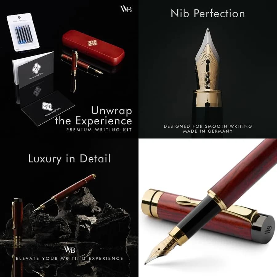Fountain Pen Set, Luxury Bamboo Wood -, Gift Case; Includes 6 Ink Cartridges, Ink Refill Converter -Journaling, Calligraphy; Dr