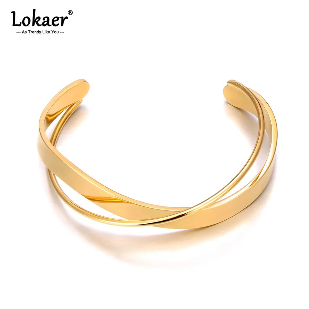 Lokaer Bracciale aperto da polso geometrico in acciaio inossidabile Bracciale color oro fatto a mano con dichiarazione di marca Gioielli da donna per feste B25032