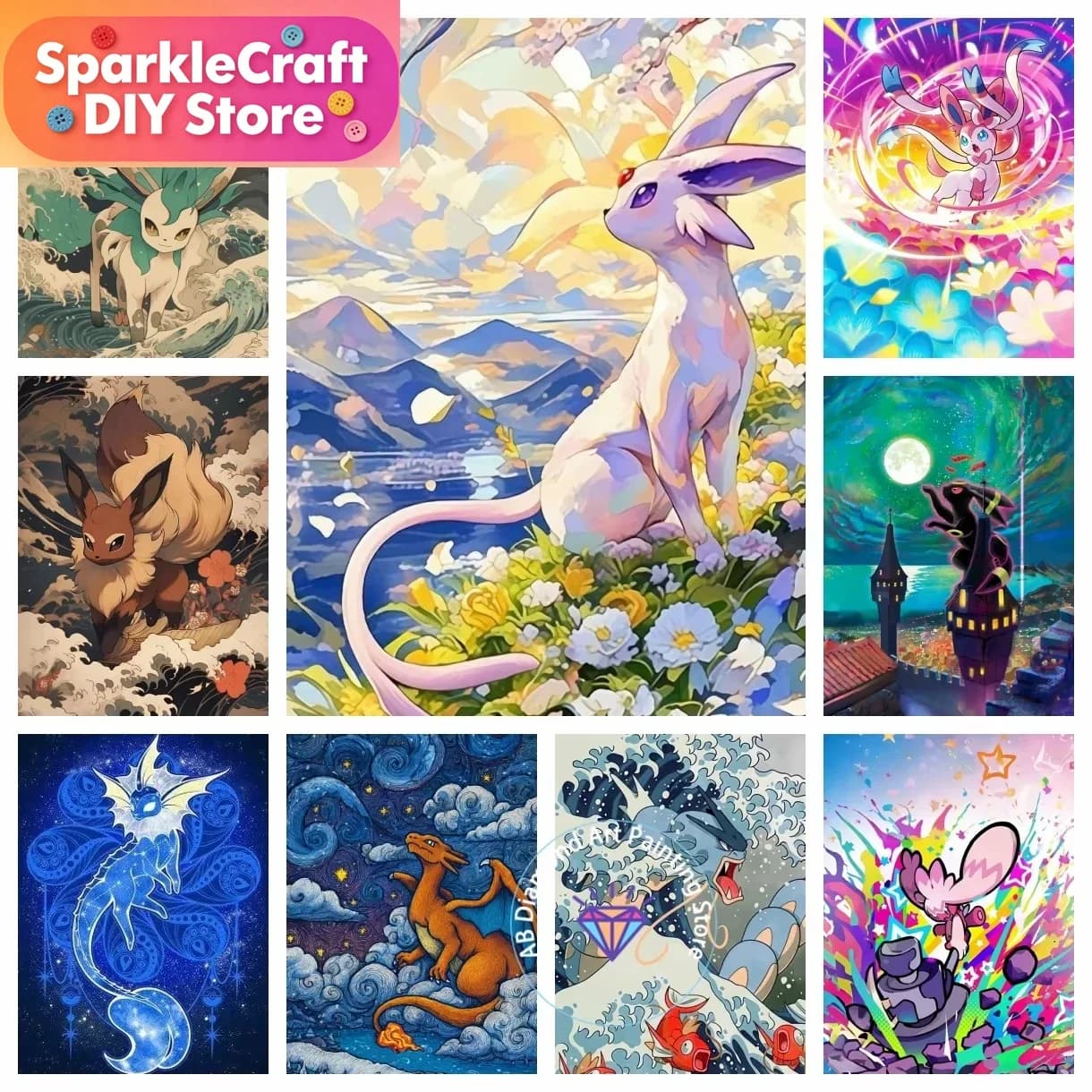 Kit Pittura Diamante 5D Fai da Te Pikachu Charizard Eevee Senza Cornice, Ricamo a Diamante Fatto a Mano, Regalo Artistico Artigianale per la Casa