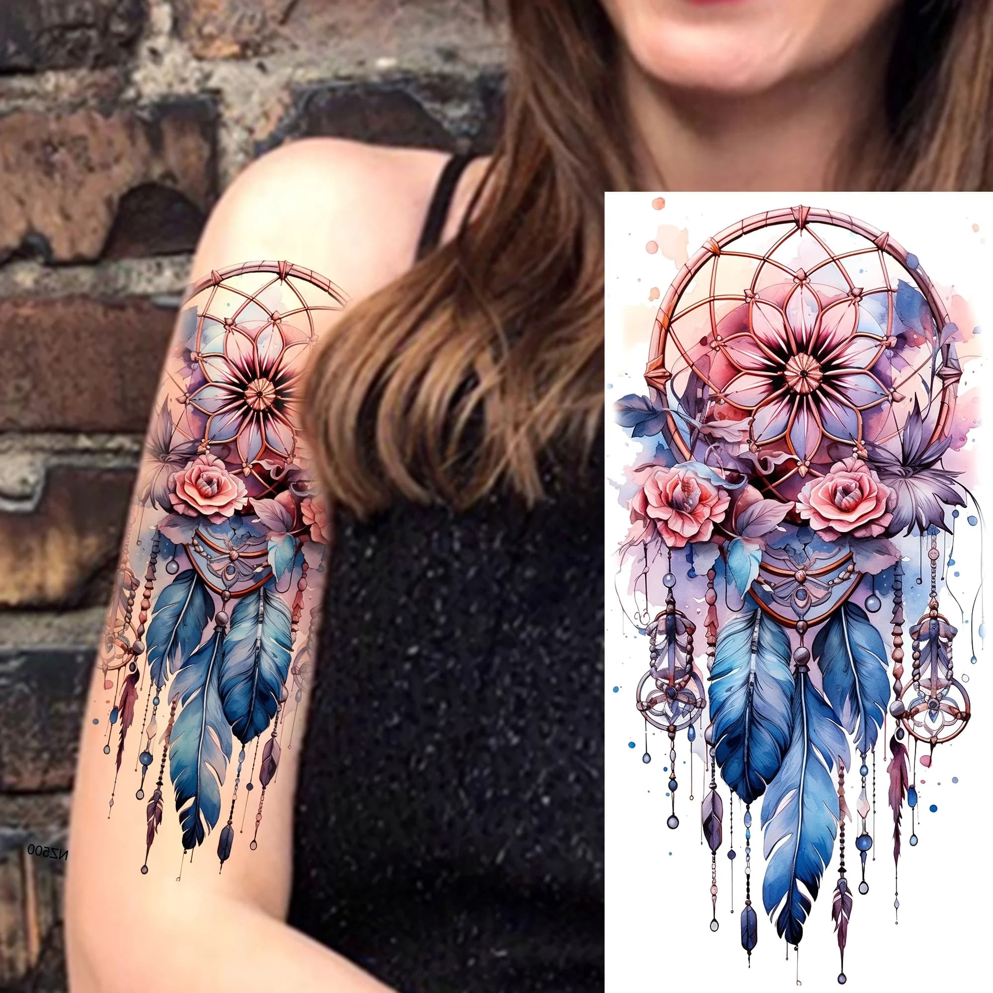 Long-lasting waterproof fake temporary tattoo stickers with dreamcatcher, feather and rose patterns for women and men, realistic designs suitable for arms, thighs, forearms and calves, ideal for half-sleeve looks for adults
