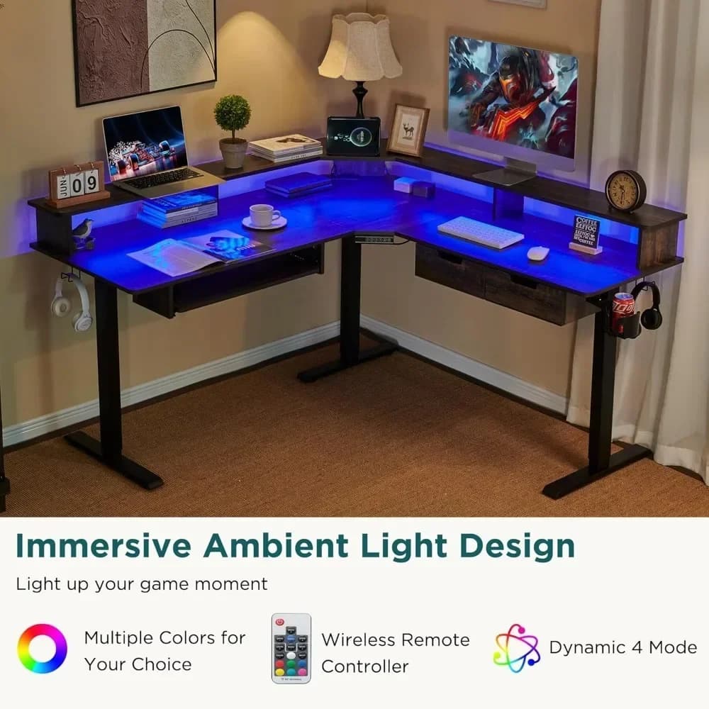 Scrivania Elettrica Regolabile a L da 60 Pollici, Scrivania da Gaming con Altezza Regolabile, Cassetti, Vassoio per Tastiera, Prese di Corrente e Luce LED