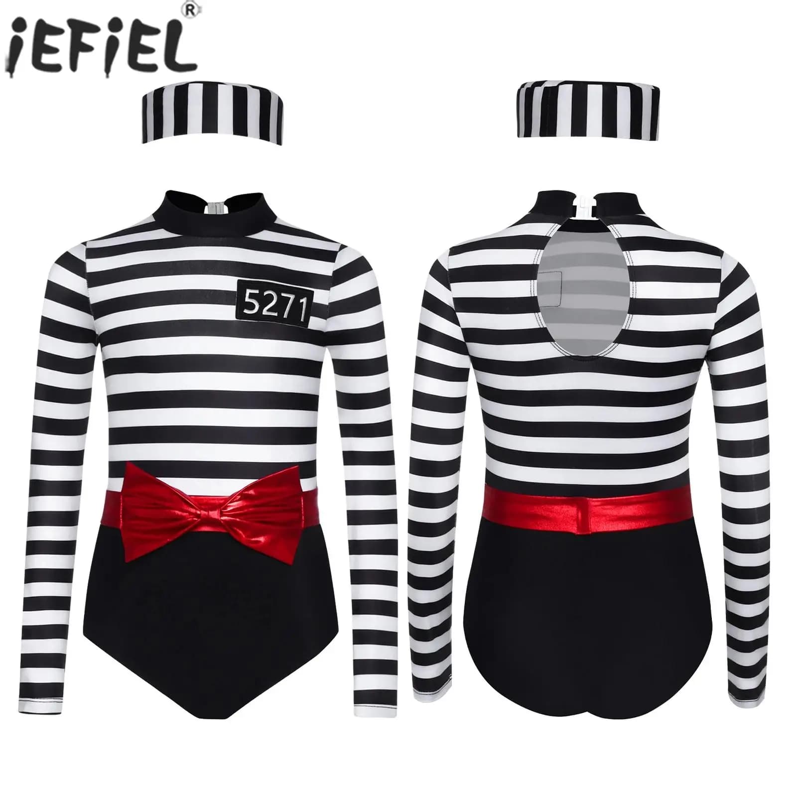 Teenage Girls Halloween Prisoner Cosplay Striped Long Sleeves Jailbird with Belt Criminal Costume with Hood