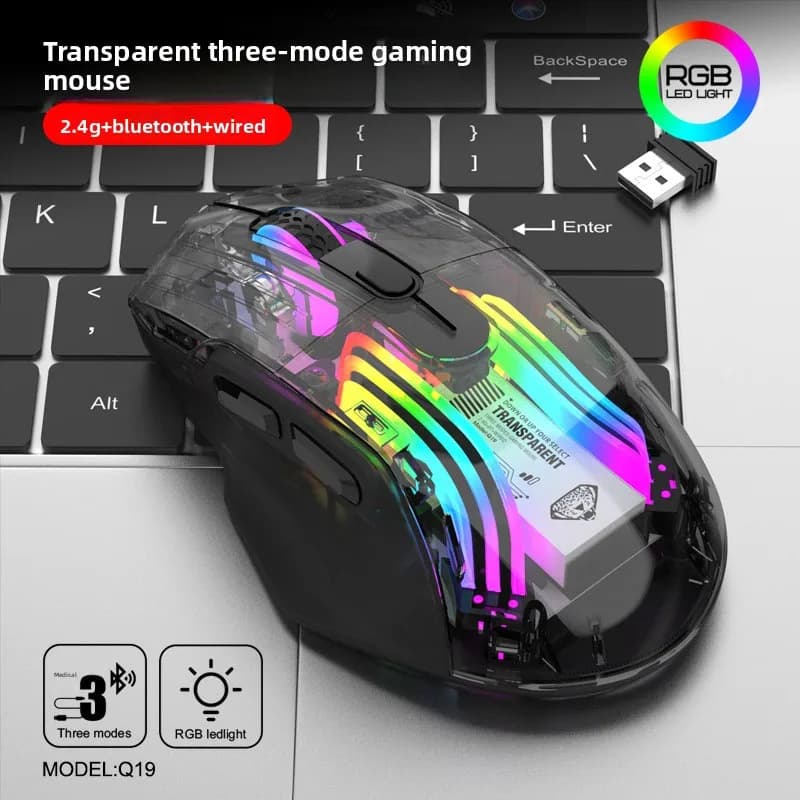 Q19 Tri-Mode Wireless Bluetooth Mouse - Rechargeable Transparent Gaming Mouse with RGB Backlight for Desktop & Laptop