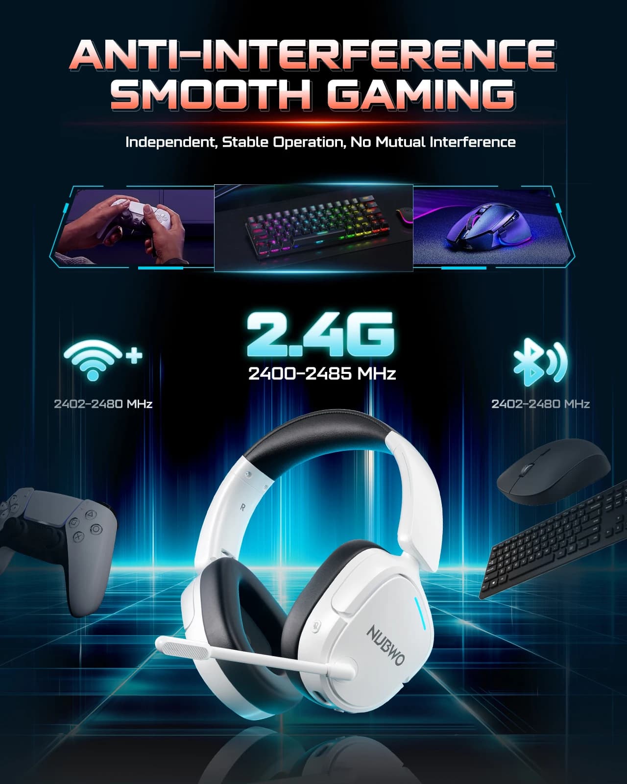 NUBWO HG04 2.4G Dual Wireless Gaming Headphones and Bluetooth Deep EQ Audio with Noise Cancellation Light Folding Microphone for PS5, PS4