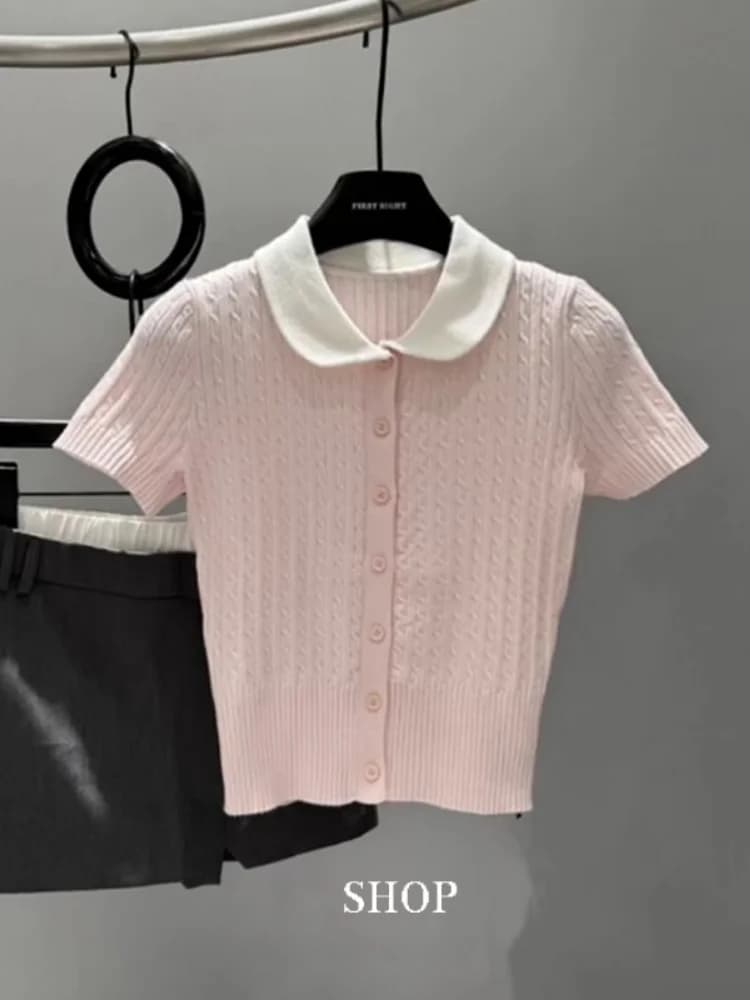 Maglietta estiva da donna a maniche corte in maglia rosa dolce e giovanile, top elegante e snellente in stile coreano per il commuting