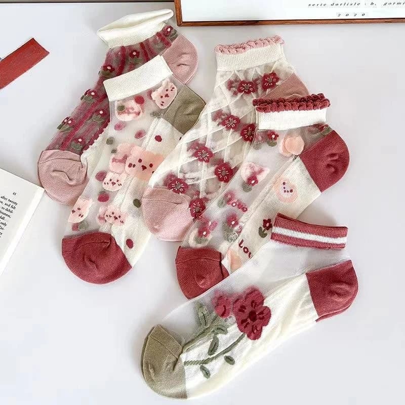 5 Pairs Summer Short Tube Cotton Bottom Crystal Socks Glass Silk Embroidered Flower Women's Socks Breathable Anti Hook Silk