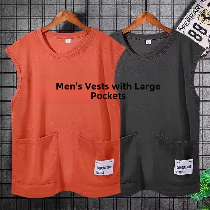 Summer Men's Loose Fit T-Shirt with Multiple Pockets Sleeveless Base Layer Shirt Versatile Large Size Vest Breathable Moistur...
