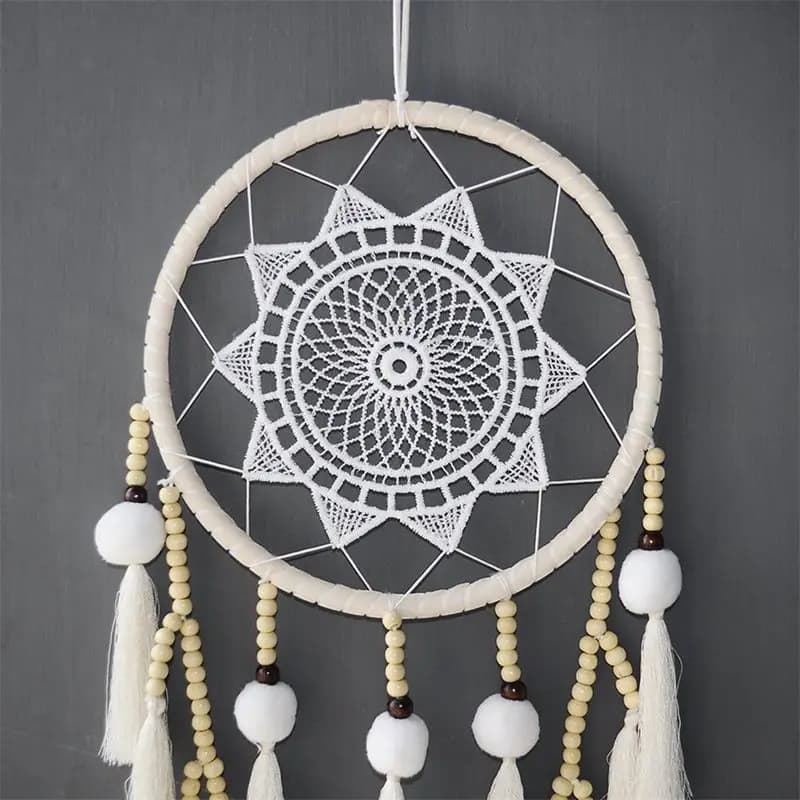 B84B Macrame Wall Hanging Dream Catcher Large Natural Hairball Beads with Tassel Handmade Bohemian Home Decor White 58cm