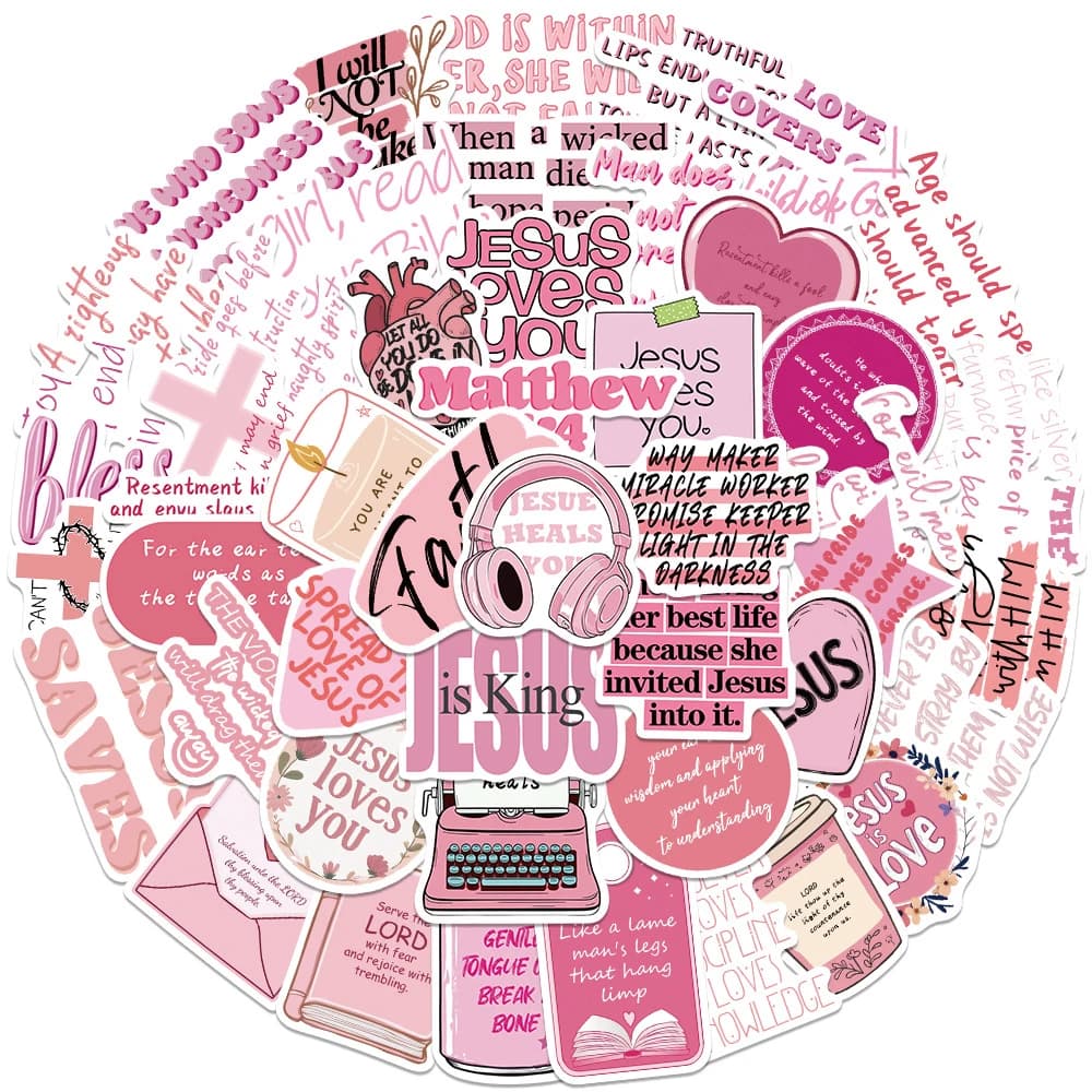 10/30/50pcs Cartoon Pink Bible Stickers Jesus Loves You Graffiti Sticker Waterproof DIY Notebook Luggage Phone Case Decals Pack