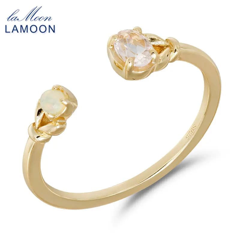 LAMOON Natrual Rosa Chiaro Morganite Opale Anello Della Pietra Preziosa Per Le Donne Fiore Anello Regolabile S925 Argento Placcato Oro Gioielleria Raffinata