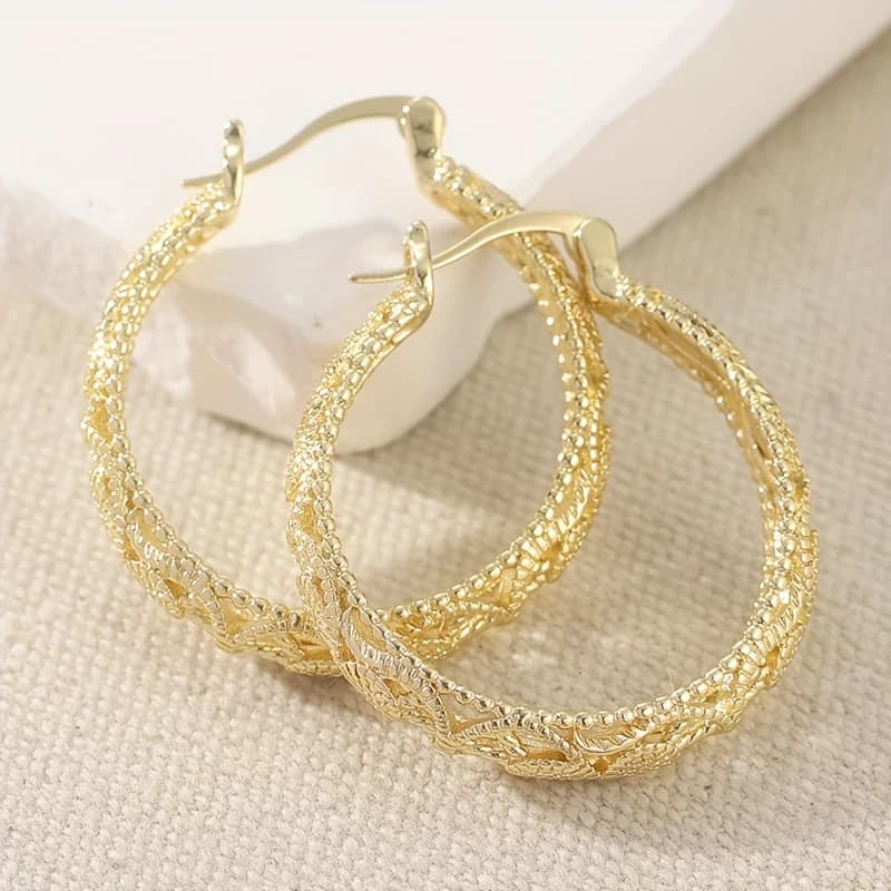 Huitan Bohemia Style Gold Color Hoop Earrings for Women Hollow Pattern Big Circle Earrings Minimalist Daily Jewelry Dropshipping