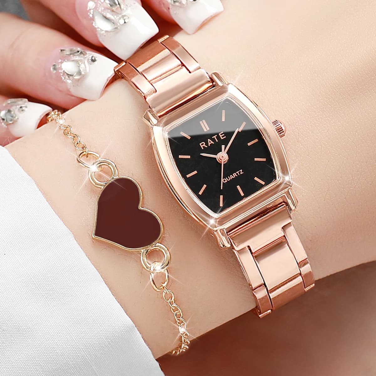 Set of 2 Wrist Watch with Alloy Strap and Heart Bracelet for Women and Girls (Without Box)
