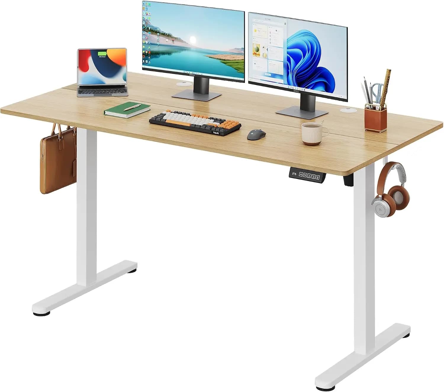 55 inch split top standing desk computer desk maple led touchscreen headphone hook memory preset home office