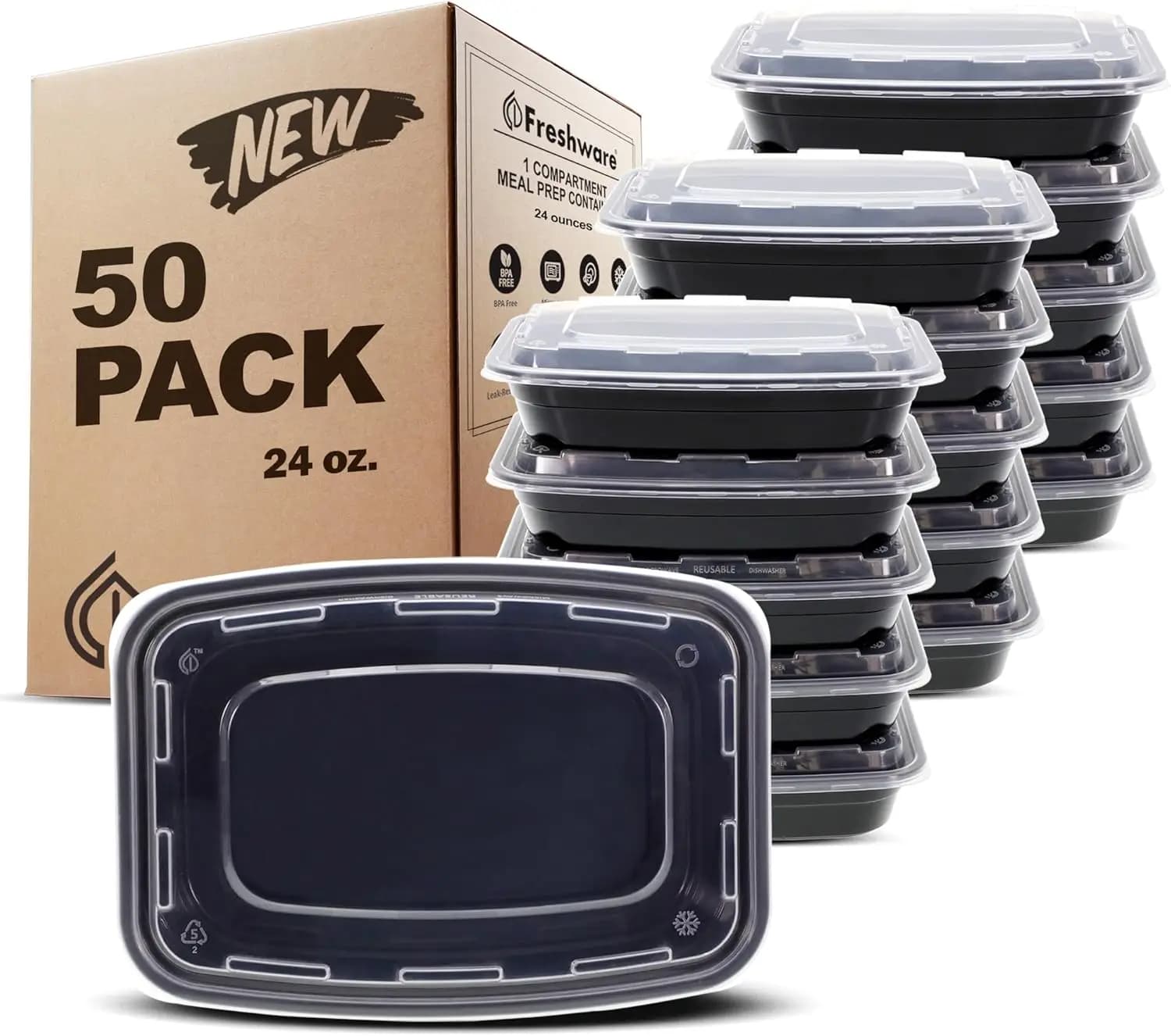 Set di 50 Contenitori per Preparazione Pasti con Coperchi, Senza BPA, Impilabili, Adatti per Microonde, Lavastoviglie e Congelatore