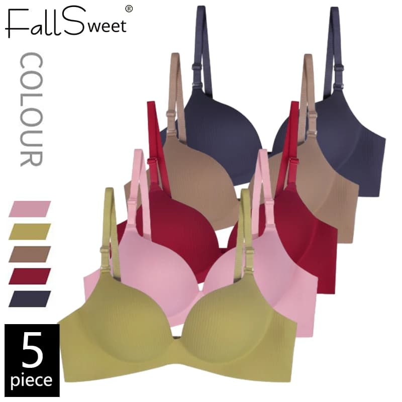 FallSweet Set di 5 reggiseni push-up senza fili per donna, reggiseni sportivi per studentesse, senza cuciture, senza anelli in acciaio, lingerie.
