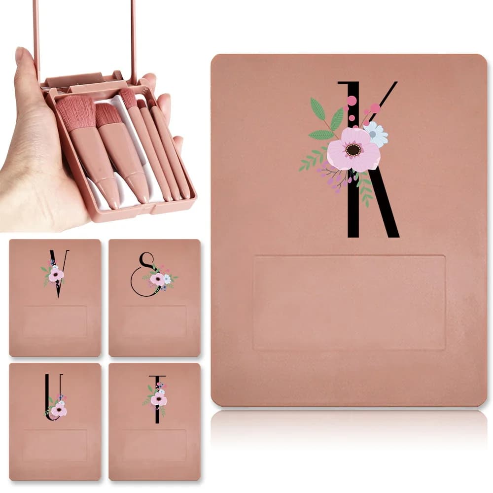 Set of 5 pcs portable cosmetic brushes with light mirror case, makeup brush case, floral pattern and black letters