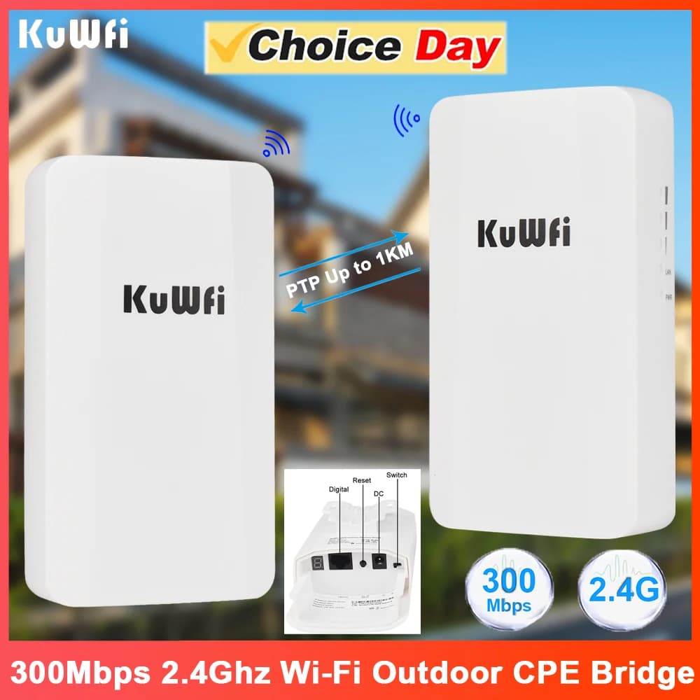 KuWFi 300Mbps 2.4Ghz Ponte CPE Estensore di segnale WiFi wireless esterno PTP PTMP Fino a 1KM 24V POE AP Modalità ripetitore per telecamera IP