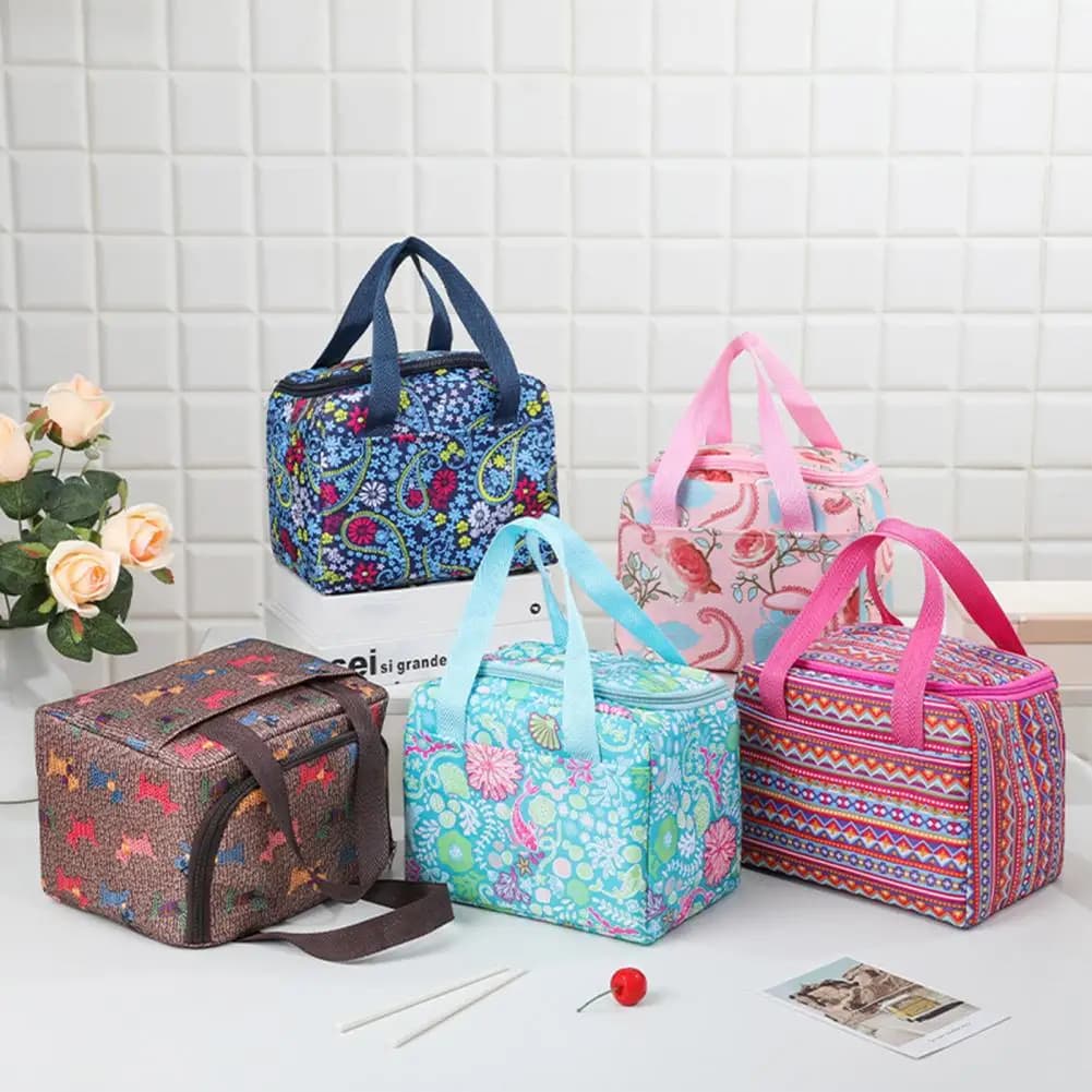 Borsa per il pranzo con cerniera impermeabile, manico portatile, dispositivo di raffreddamento termico, in tessuto Oxford, con stampa floreale, contenitore Bento Box per la scuola