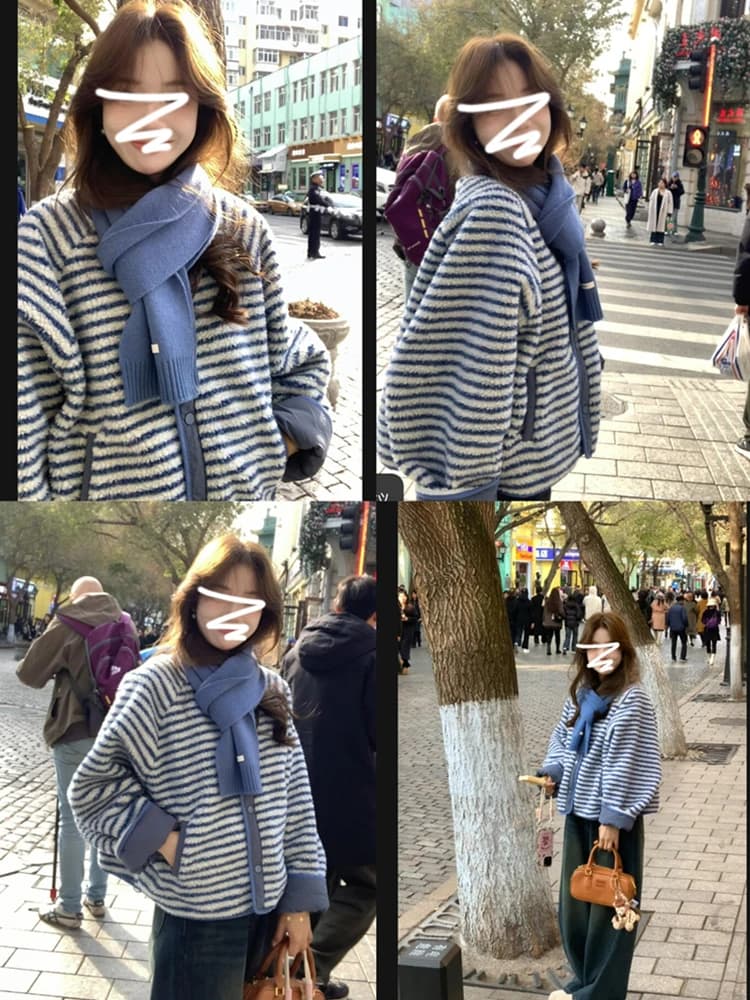 Korean Style Blue Striped Lamb Fur Jacket Women's Spring Autumn Thickened Short Top for Small Figures with Button Closure