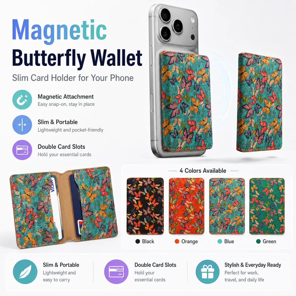 Denior Wood Cork Magnetic Phone Wallet For Iphone 17 16 15 14 13 12 Pro Max Plus, RFID 3 Card Holder With Butterfly Print