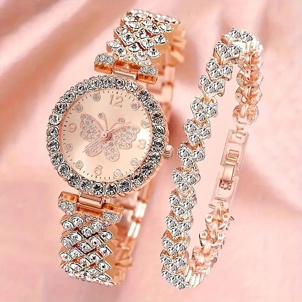 Set di 2 Pezzi: Orologio con Quadrante a Farfalla in Cristallo Oro Rosa e Bracciale per Donna