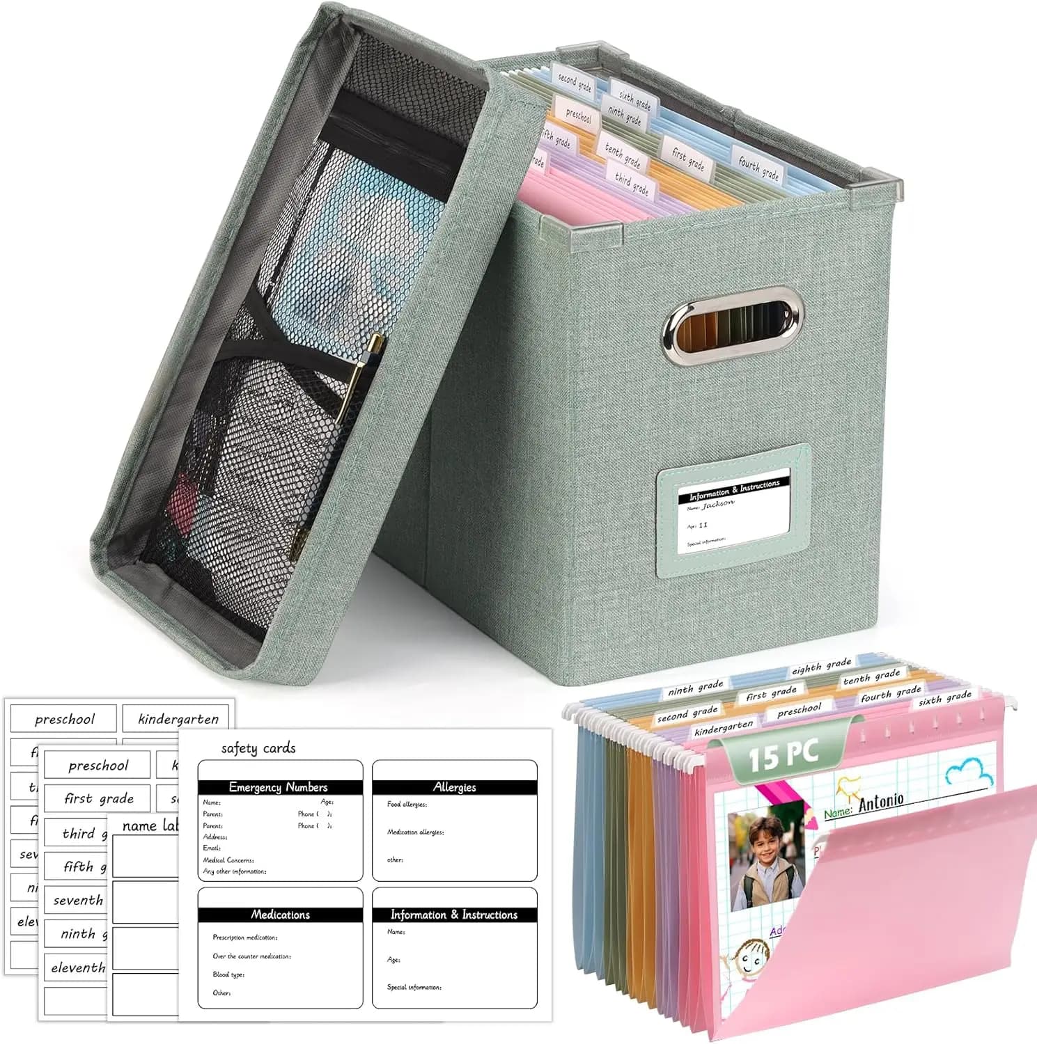 Kit Organizzatore per Anni Scolastici con 15 Cartelle Appendibili, Etichette in Plastica e Scatola Portaoggetti in Verde
