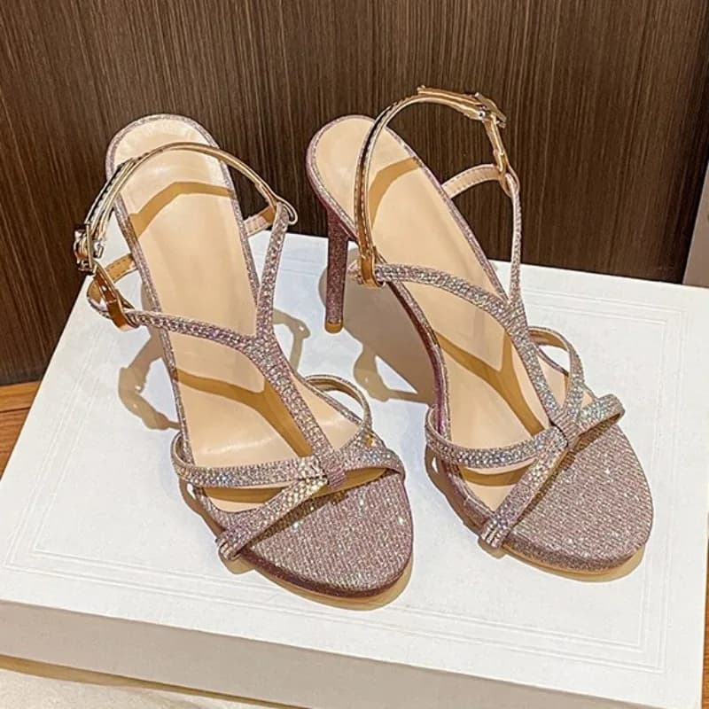2026 Summer Fashion Glitter Upper Pointed Stiletto High Heels with One Word Water Diamond Banquet Sandals for Women