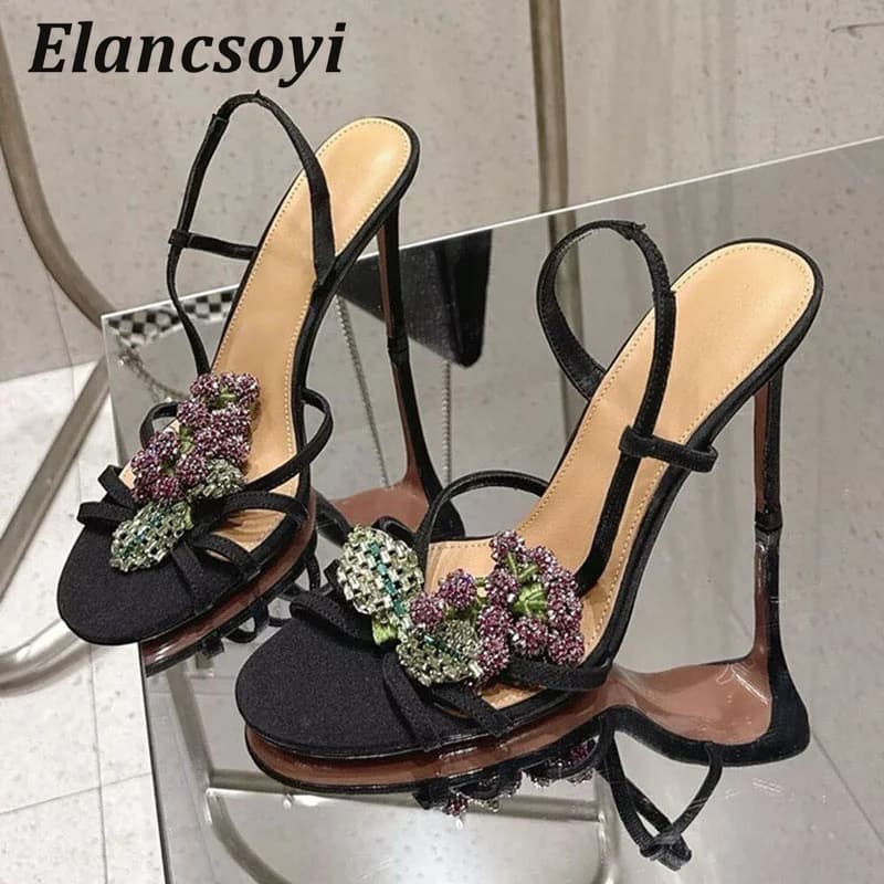 Thin High Heels Sandals Women's Shiny Rhinestone Flower Open Toe Back Strap Sandalias Summer Sexy Party Banquet Shoes 2026