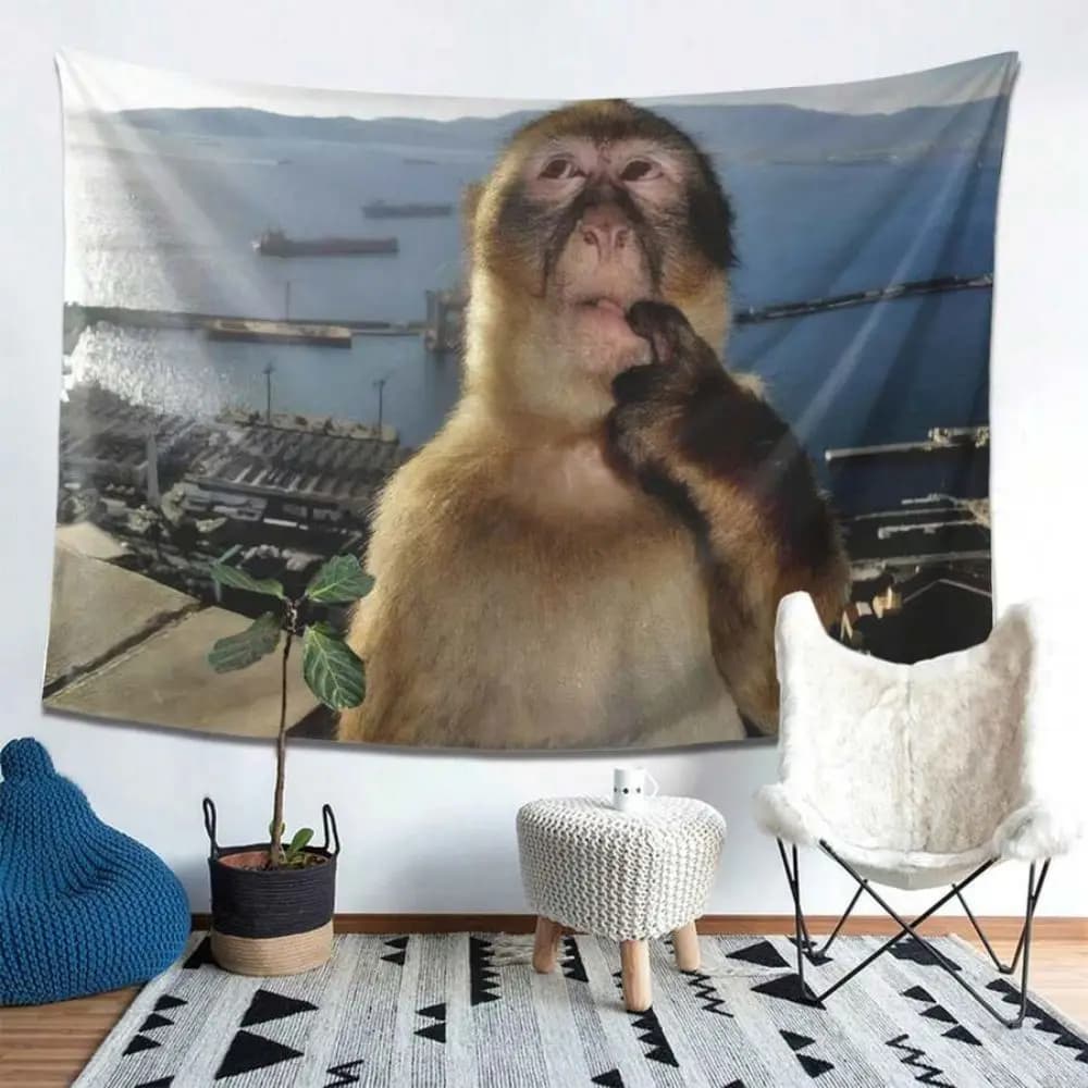 VIKAMA Trendy Contemplative Monkey Polyester Tapestry Wall Decor for Bedroom Living Room, Unique Festival Birthday Gift