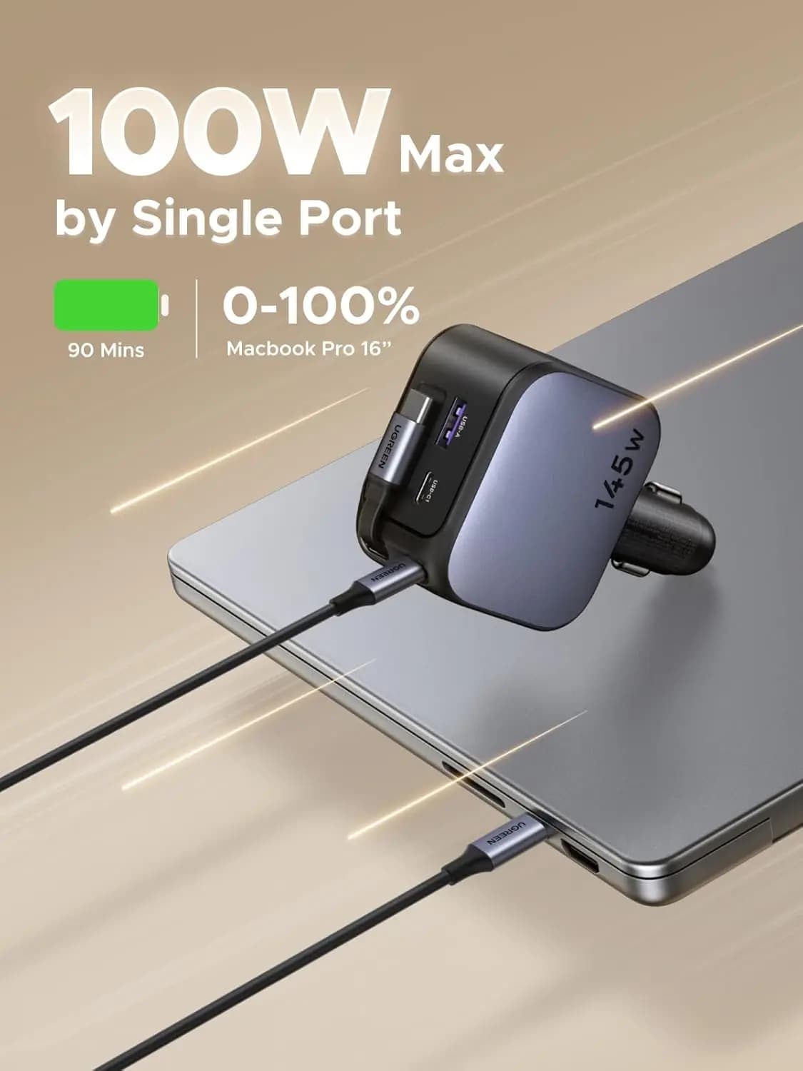 UGREEN 145W 3C1A retractable car charger, USB C car phone charger fast charging with type C cable