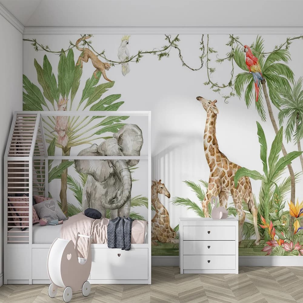 Carta da parati personalizzata per camera da letto del soggiorno con elefante giraffa della foresta tropicale 3D
