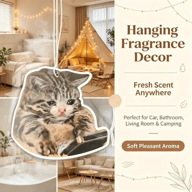 Car Air Freshener Crying Tabby Cat Hanging Scent Card for Car Interior Decor Rearview Mirror Ornament Gift