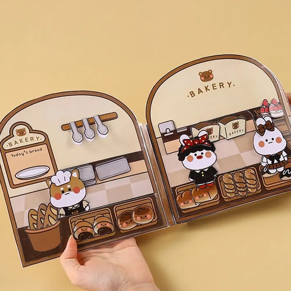 Goffle di carta fai-da-te Libro silenzioso Pane colorato Cartone animato Libro occupato Pollo fritto Giocattolo fatto a mano Snack Bar Gioco di adesivi.