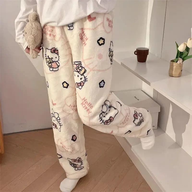 Nuovi Pantaloni Casual Hello Kitty Autunno Inverno, Stile Trendy e Dolce, Caldi e Confortevoli, Pantaloni Dritti da Donna, Pigiama in Flanella per Casa