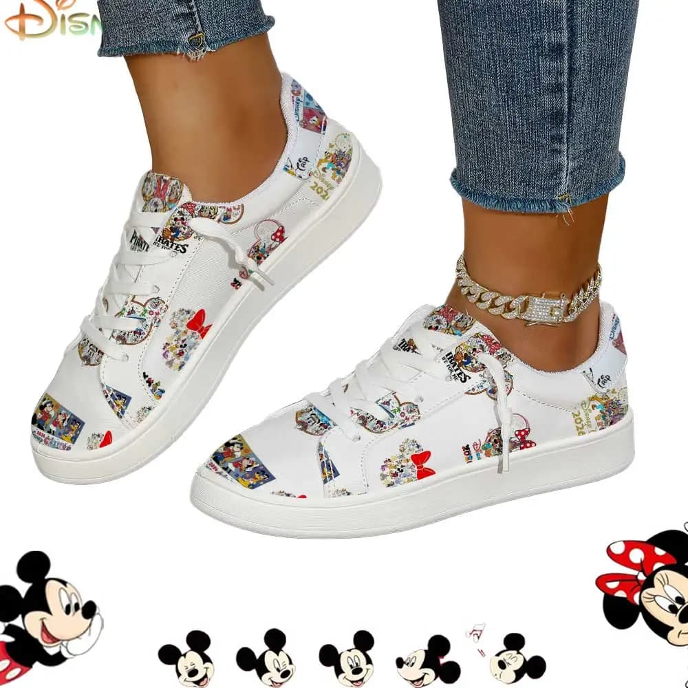 Sneakers da donna in tela bianca con stampa Disney Vacation Memories, con lacci, scarpe leggere