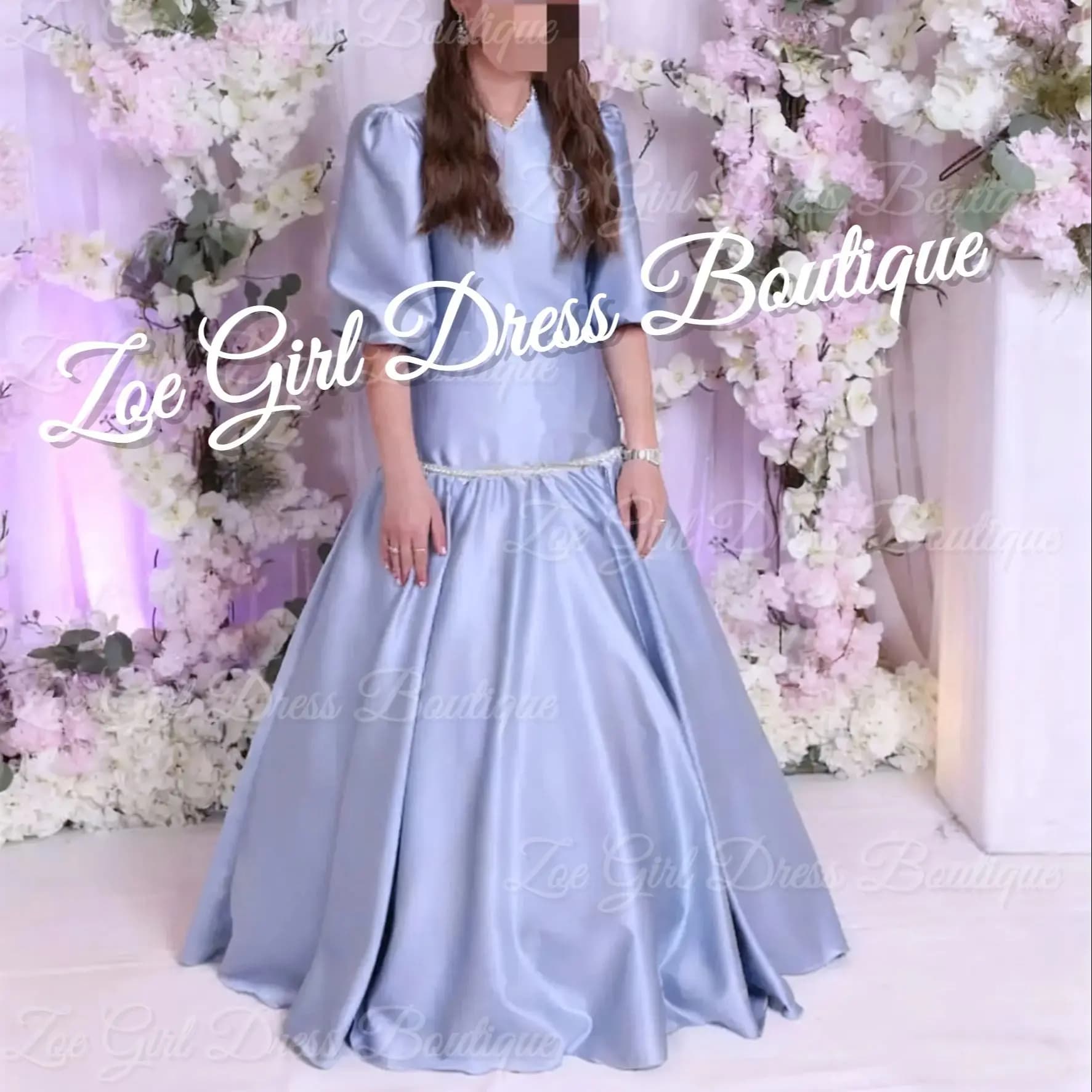 Abiti da ragazza di fiore in raso blu per matrimonio con scollo a V mezze maniche Abiti da compleanno per bambina Abiti da prima comunione personalizzati