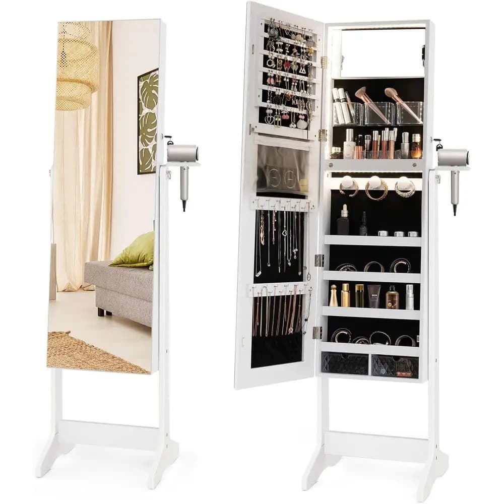 Armadietto Specchiato Bianco con Chiusura e Specchio a Figura Intera, Porta Asciugacapelli per Ampio Spazio di Archiviazione nel Soggiorno o nella Camera da Letto