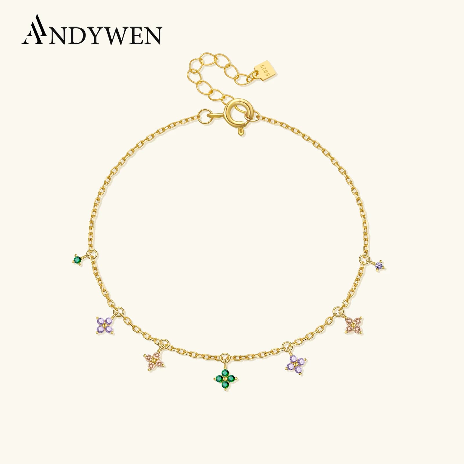 ANDYWEN 925 Sterling Silver Dainty Four Leaf Flower Charm Bracelet with Muti-color Zircon 2026 Dainty & Sweet Women Jewelry